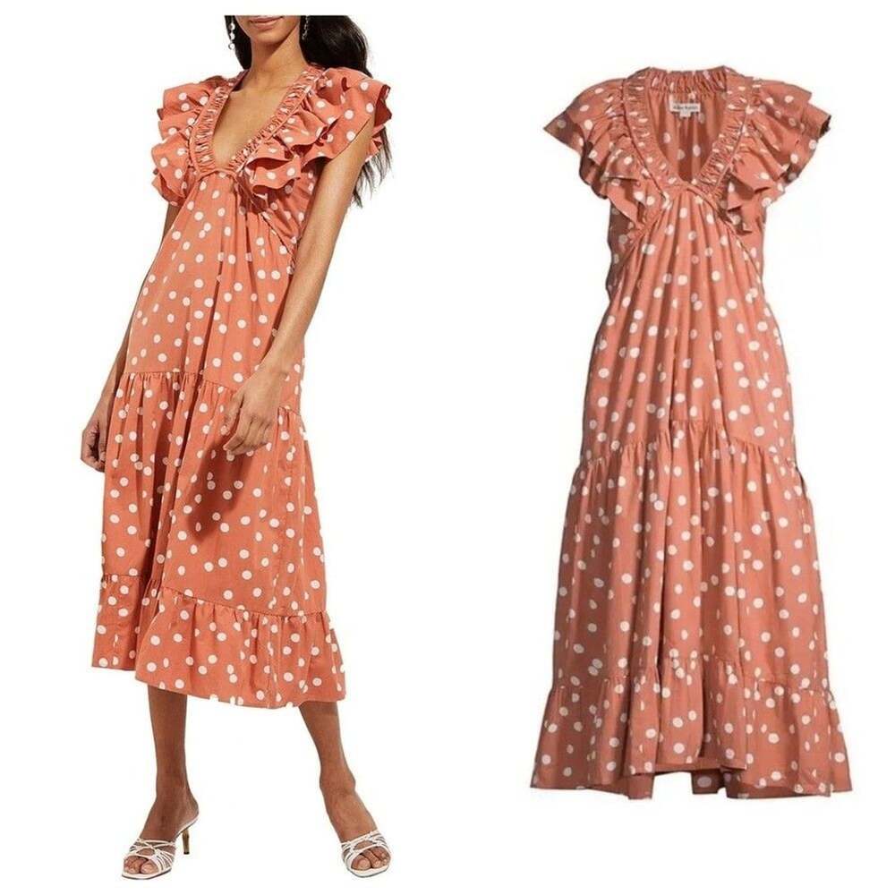 Roller Rabbit Polka Dot Ondine Tiered Ruffle Midi Dress in Clay Size XL